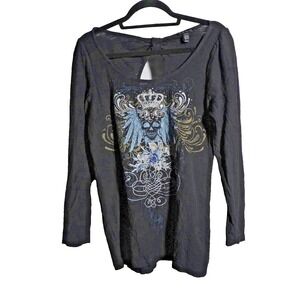 VTG Y2K FANG Skull Black Shirt 100% Cotton Long Sleeve Scoop Neck Womens 1X Goth